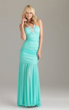 Aqua Crystal Halter Strap Ruched Lone Sequin Dress